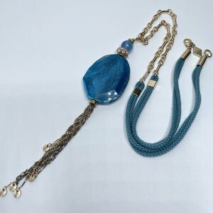 Sequin Blue Agate Stone Tassel Corded Necklace Gold Tone Boho Statement Chunky